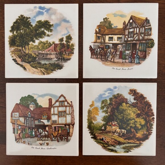 Set of 4 H&R Johnson Cristal Decorative Accent Tiles Antique Old English Scenes - Picture 1 of 10